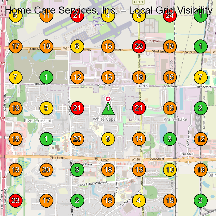Home Care Services, Inc. Home Health Care Service GeoGrid ranking map for Kenosha WI